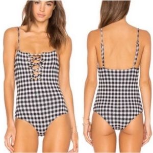 BEACH RIOT X STONE COLD FOX GINGHAM CHECK BLACK WHITE LACE UP ONE PIECE SWIMSUIT
